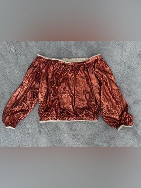 Fire Amber Red Orange Sequin Off The Shoulders Crop Bubble Sleeves 2X Blouse